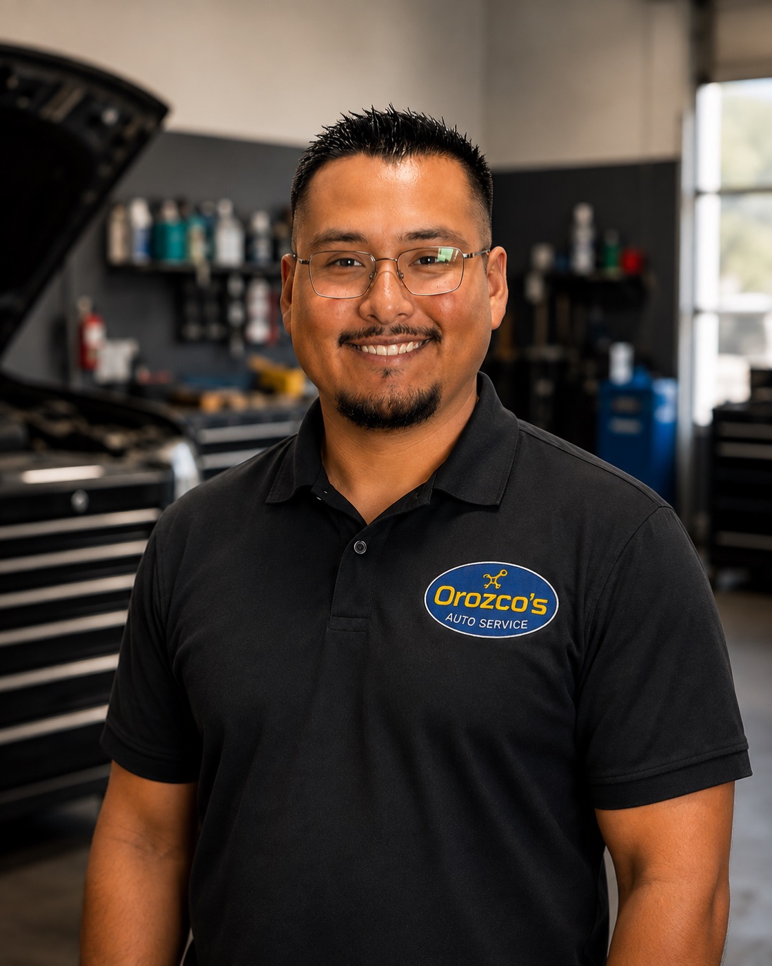 Andrew Orozco in an Orozco's Auto Service polo, standing in the shop beside an open hood